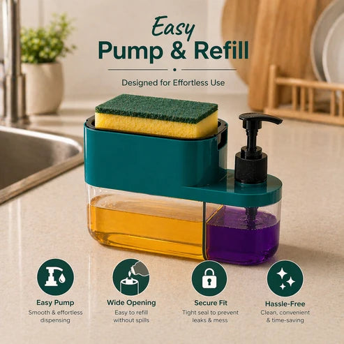 3-In-1 Dish Soap Pump Dispenser With Sponge Holder For Kitchen Sink